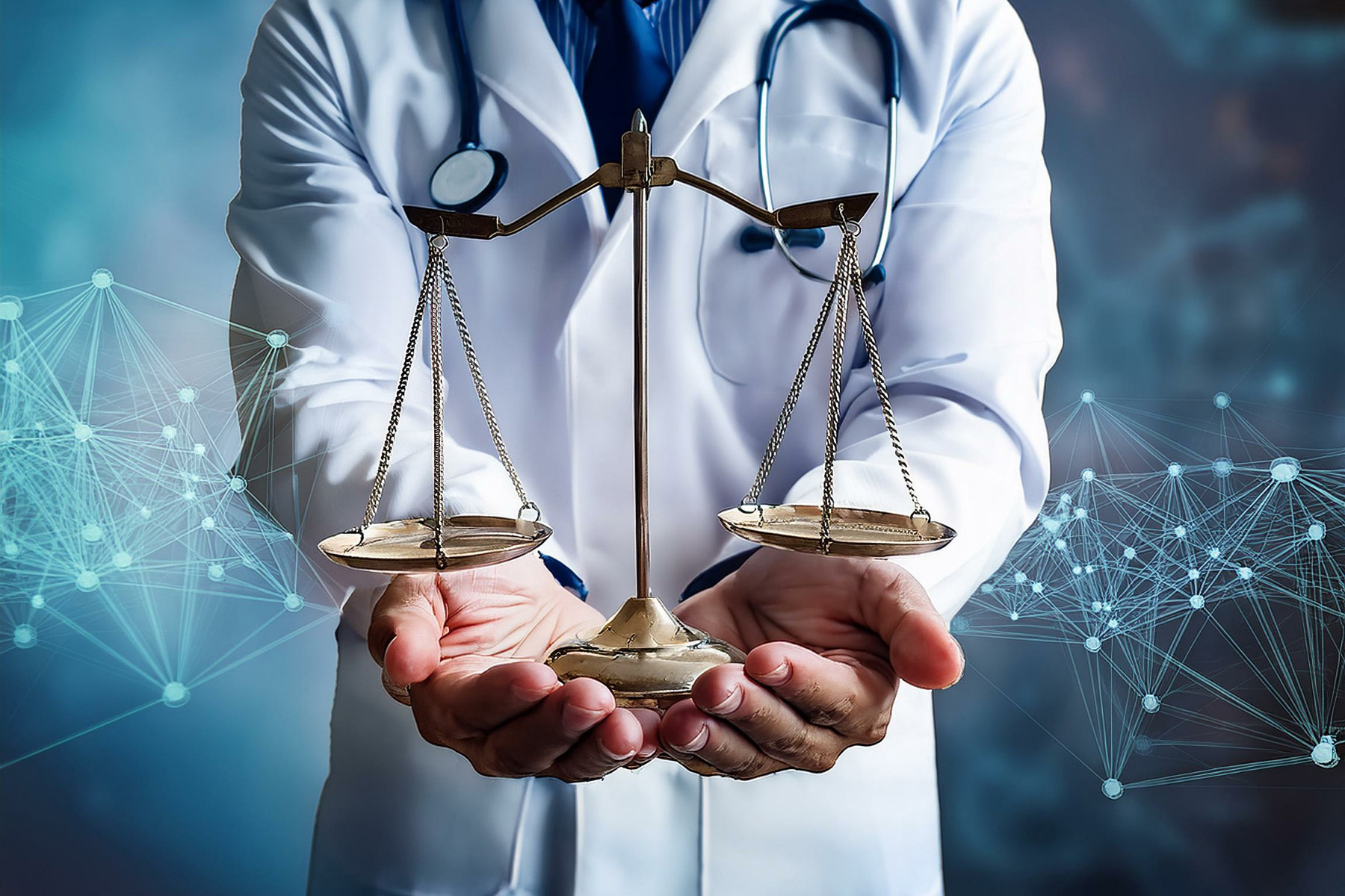 A person in a white lab coat with a stethoscope around their neck holds a balanced scale in both hands. The background contains abstract network-like patterns.