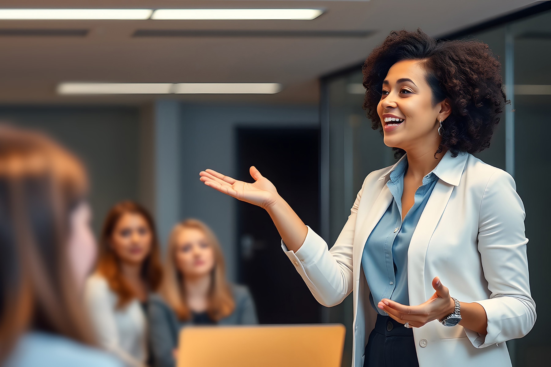 A person in a light-colored blazer and blue shirt stands and gestures with one hand raised, appearing to speak or present to a group. Three individuals are seated in the background, listening attentively in an office or conference room with glass walls and ceiling lights.