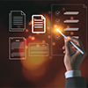 A hand holding a virtual pencil over a virtual document
