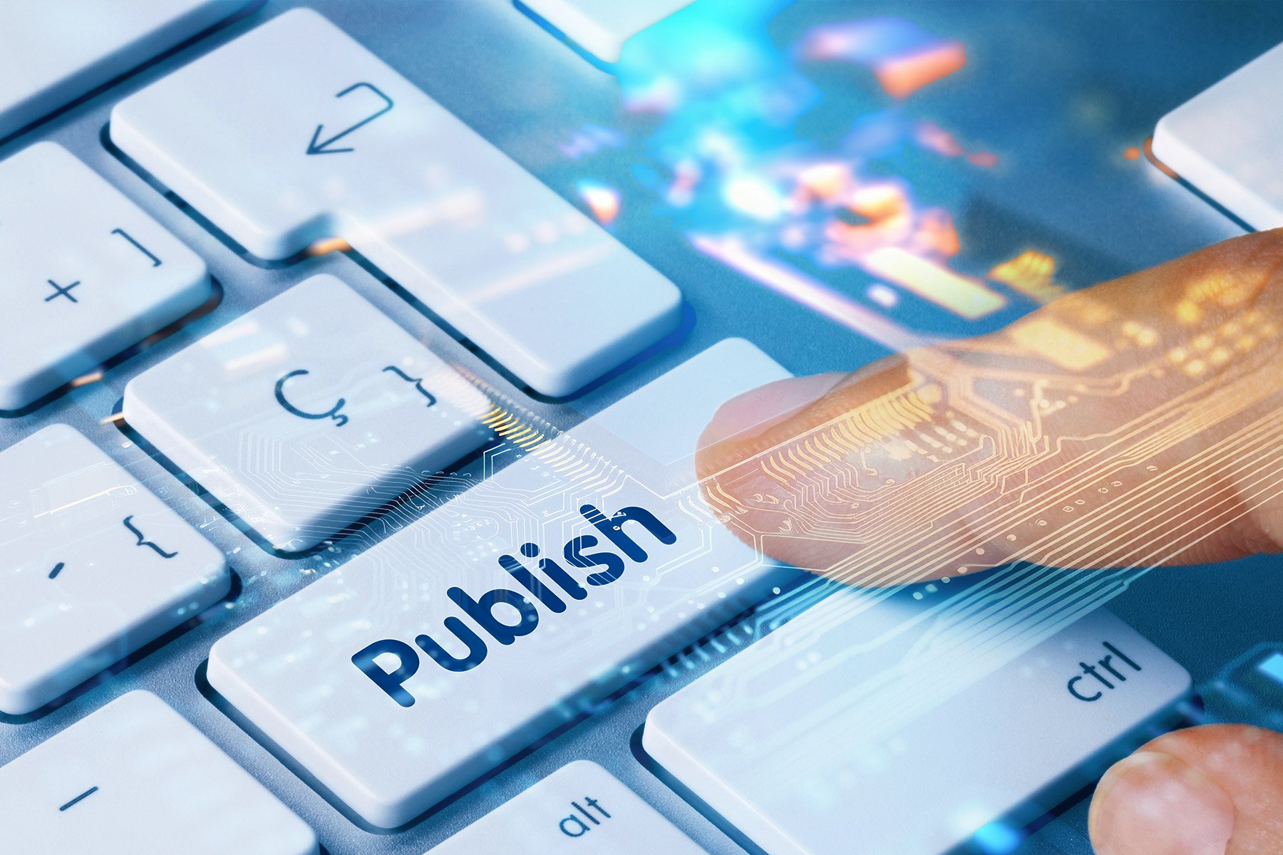 A close-up of a keyboard with a finger pressing the "Publish" key, featuring a digital overlay on the finger, suggesting a connection between technology and publishing.
